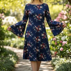 Navy Floral Dress with Bell Sleeves